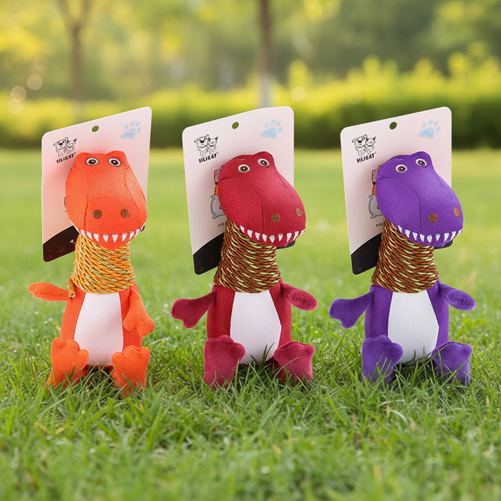 Plush Dinosaur Dog Toy with Sound and Chew Features