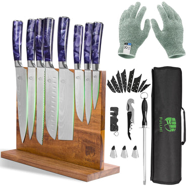 FULLHI Knife Set with Magnetic Knife Block Holder15pcs Japanese Stainless Steel Kitchen Knife Set