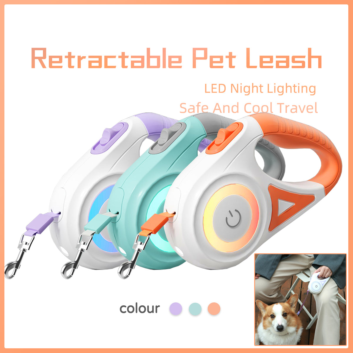 Retractable Leash And Dog Collar with Spotlight Pet Dog/Cat Traction Rope